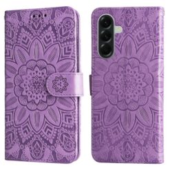 Purple embossed mandala-pattern phone wallet case overlaying a front and back view of a phone, with a magnetic strap. | Levné Kryty