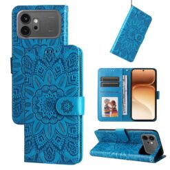 Blue mandala-patterned wallet phone case for iPhone with card slots and stand feature.