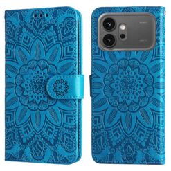 Blue mandala-patterned wallet phone case with a magnetic clasp, shown from front and back, designed for a smartphone with a rear camera cutout on the right side