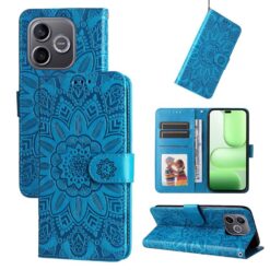 Blue mandala-pattern wallet case for iPhone with card slots, magnetic strap, and stand feature (multi-view image). | Levné Kryty