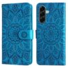 Blue phone case with intricate mandala pattern and a magnetic strap (dual-view showing front and back]. Technical: embossed detailing throughout. | Levné Kryty