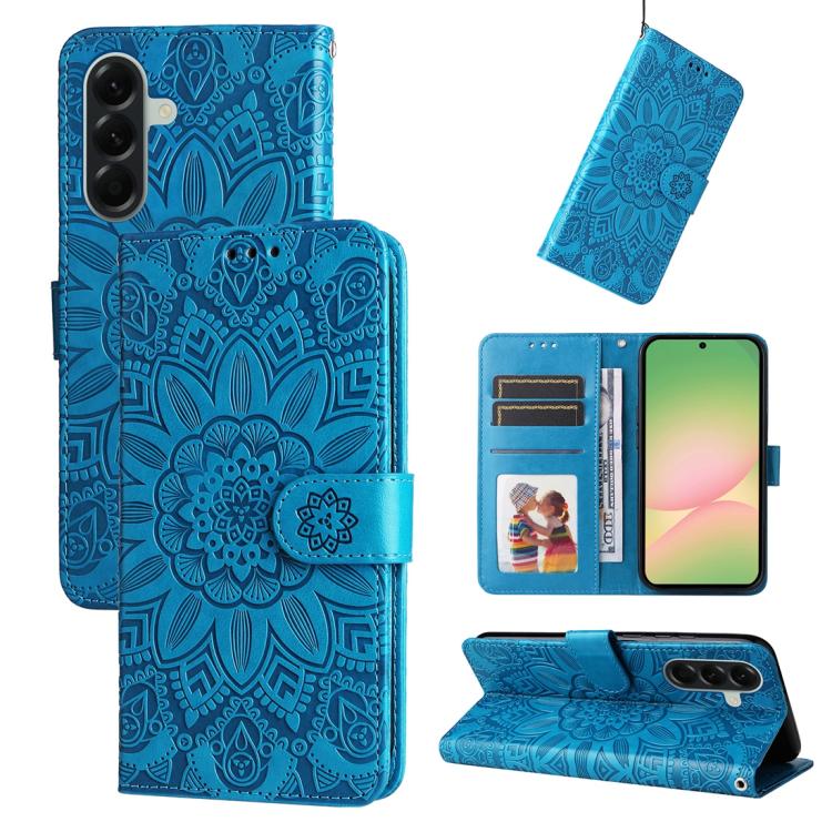 Peněženkové pouzdro Embossing Pattern Slunečnice modré – Samsung Galaxy A57 | Levné Kryty | Levné Kryty Blue wallet-style phone case with an intricate mandala pattern, showing card slots and a magnetic strap; includes a wallet interior and a kickstand view. | Levné Kryty