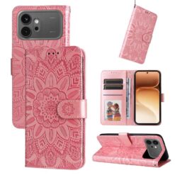 Pink embossed wallet-style phone case with mandala pattern, shown from multiple angles, for a smartphone with card slots and stand function.