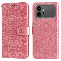 Two pink wallet-style phone cases with an embossed mandala floral pattern, shown from the front and back, with a clasp strap on the front.