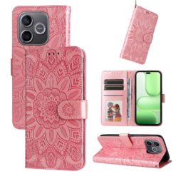 Peněženkové pouzdro Embossing Pattern Slunečnice růžové – Honor 600 Lite | Levné Kryty | Levné Kryty Pink embossed mandala-pattern wallet case for a smartphone, shown closed and open with card slots | Levné Kryty
