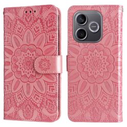 Two views of a pink wallet-style smartphone case with an intricate embossed mandala pattern, shown from the front closed and the back with camera cutouts. | Levné Kryty