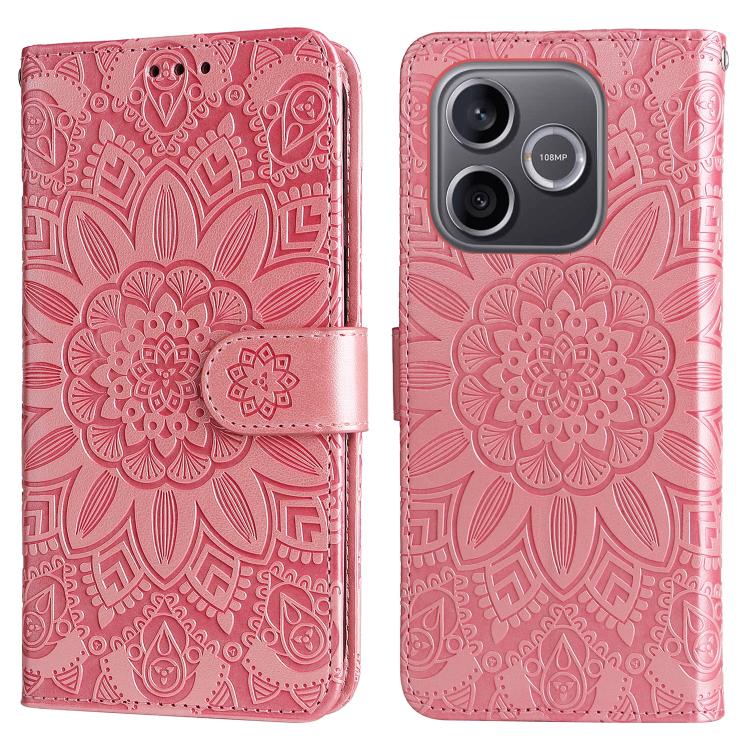 Peněženkové pouzdro Embossing Pattern Slunečnice růžové – Honor 600 Lite | Levné Kryty | Levné Kryty Two views of a pink wallet-style smartphone case with an intricate embossed mandala pattern, shown from the front closed and the back with camera cutouts. | Levné Kryty