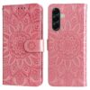 Pink wallet-style phone case with an embossed mandala pattern and a magnetic strap, shown closed on the left and open on the right (dual views). | Levné Kryty