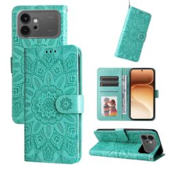 Turquoise embossed mandala wallet phone case with card slots and stand, shown from multiple angles.