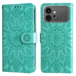 Turquoise embossed mandala-pattern wallet phone case with magnetic strap, shown from front and back.