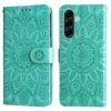 Turquoise wallet-style smartphone case with an embossed mandala pattern and a front clasp, shown from front and back. | Levné Kryty