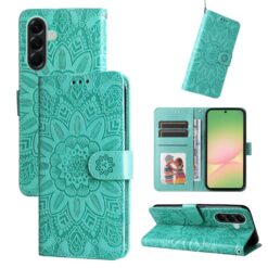 Turquoise wallet-style phone case with an intricate mandala pattern, shown from multiple angles (open, closed, stand). The case has card slots and a magnetic strap.