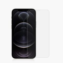 Clear screen protector positioned to the right of a black iPhone, ready to apply