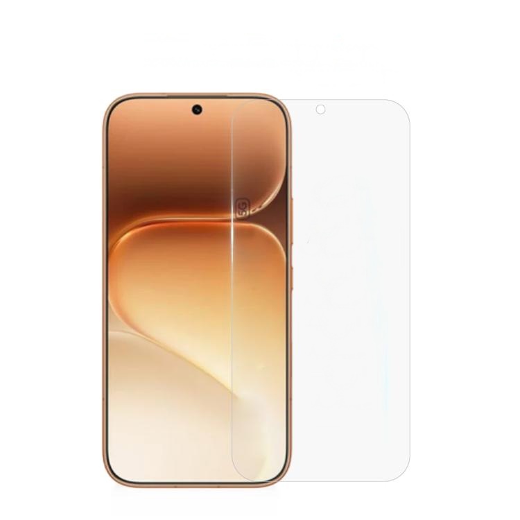 Tvrzené sklo 9H – Honor 600 / Honor 600 Pro | Levné Kryty | Levné Kryty Gold iPhone with a clear curved screen protector placed behind the device, showing a front camera cutout at the top edge read as a protective screen overlay. | Levné Kryty