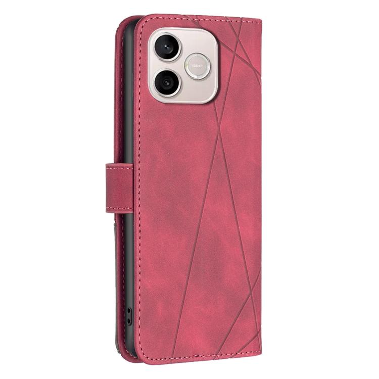 Knížkové pouzdro Rhombus červené – Honor 600 Lite | Levné Kryty | Levné Kryty Pink folio phone case with geometric lines on a magenta background, covering a smartphone with a triple camera cutout. | Levné Kryty