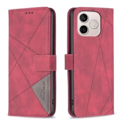 Knížkové pouzdro Rhombus červené – Honor 600 Lite | Levné Kryty | Levné Kryty Pink geometric-pattern flip-style phone case with card slot for iPhone, shown from front and back. | Levné Kryty