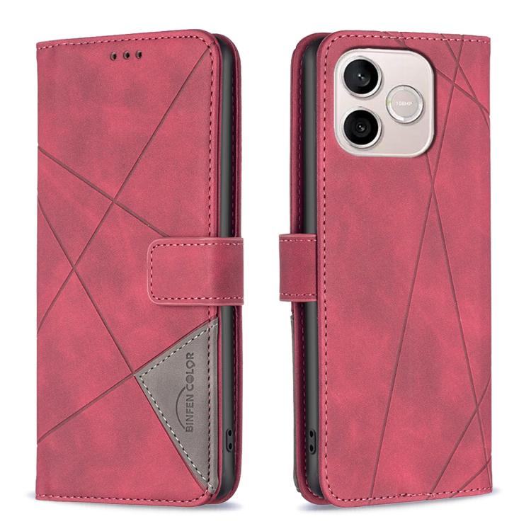 Knížkové pouzdro Rhombus červené – Honor 600 Lite | Levné Kryty | Levné Kryty Pink geometric-pattern flip-style phone case with card slot for iPhone, shown from front and back. | Levné Kryty