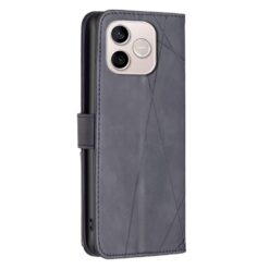 Gray leather wallet-style phone case on a smartphone, with diagonal stitched lines and a rear camera opening. | Levné Kryty