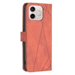 Orange leather folio phone case with diagonal lines, shown from the back around a smartphone.2) Back view of orange wallet-style phone case with geometric lines on the cover.3) Protective orange flip case for a smartphone with camera cutout on the top-left corner.4) Phone case in warm orange with stitched edges and intersecting diagonal lines.5) Wallet-style orange phone case (flip cover) around a smartphone, diagonals pattern.