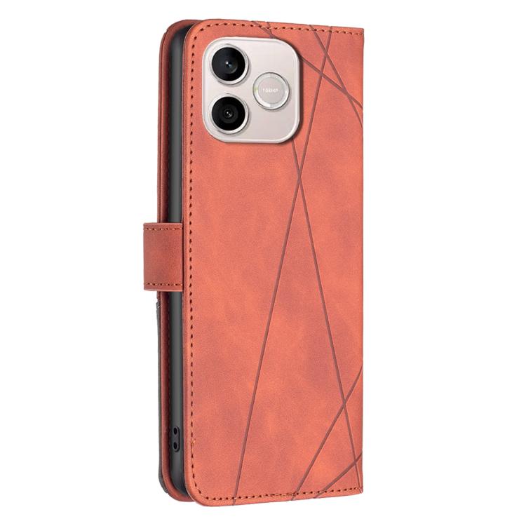 Knížkové pouzdro Rhombus hnědé – Honor 600 Lite | Levné Kryty | Levné Kryty Orange leather folio phone case with diagonal lines, shown from the back around a smartphone.2) Back view of orange wallet-style phone case with geometric lines on the cover.3) Protective orange flip case for a smartphone with camera cutout on the top-left corner.4) Phone case in warm orange with stitched edges and intersecting diagonal lines.5) Wallet-style orange phone case (flip cover) around a smartphone, diagonals pattern. | Levné Kryty