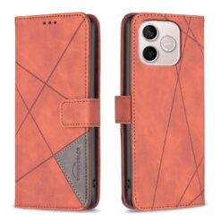 Knížkové pouzdro Rhombus hnědé – Honor 600 Lite | Levné Kryty | Levné Kryty Orange geometric-pattern wallet phone case shown from front and back, with a card slot on the front and a camera cutout on the back. | Levné Kryty