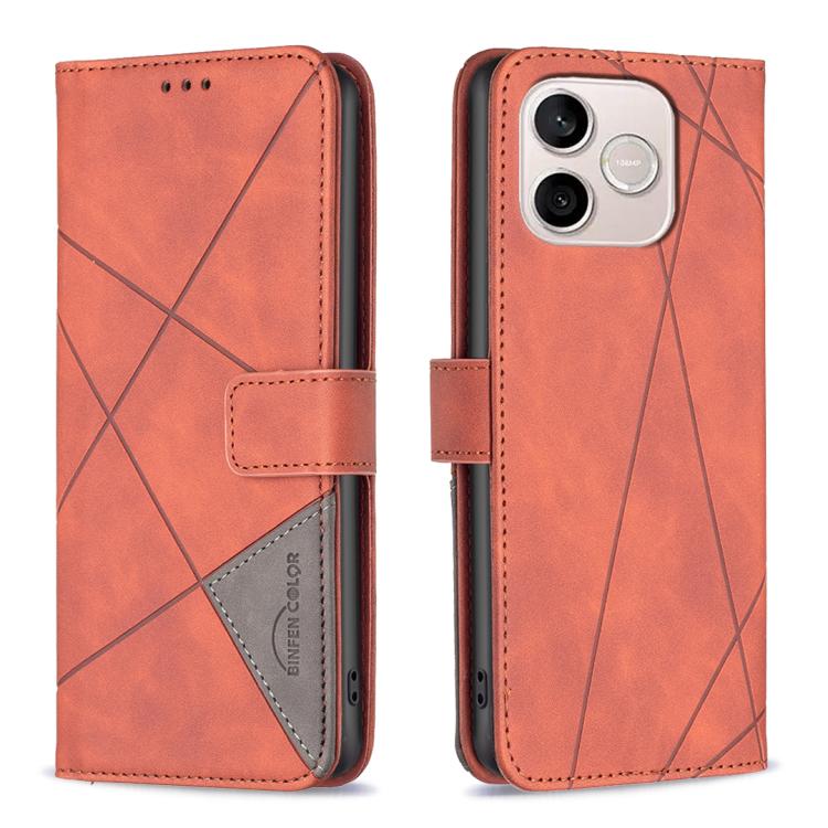 Knížkové pouzdro Rhombus hnědé – Honor 600 Lite | Levné Kryty | Levné Kryty Orange geometric-pattern wallet phone case shown from front and back, with a card slot on the front and a camera cutout on the back. | Levné Kryty