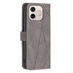 Grey leather-style folio phone case with diagonal geometric lines on the back, shown on a smartphone with a dual-camera module visible from the back edge and stitched edges. | Levné Kryty