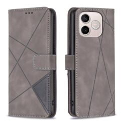 Knížkové pouzdro Rhombus šedé – Honor 600 Lite | Levné Kryty | Levné Kryty Gray wallet-style phone case with geometric lines, shown from the front and back, featuring a magnetic strap and camera opening. | Levné Kryty