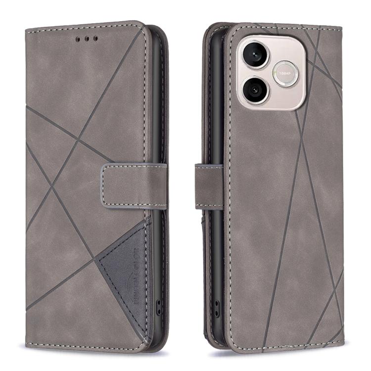 Knížkové pouzdro Rhombus šedé – Honor 600 Lite | Levné Kryty | Levné Kryty Gray wallet-style phone case with geometric lines, shown from the front and back, featuring a magnetic strap and camera opening. | Levné Kryty