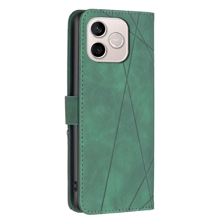 Knížkové pouzdro Rhombus zelené – Honor 600 Lite | Levné Kryty | Levné Kryty Green wallet-style phone case with geometric lines, displayed on a smartphone showing the back with a triple-camera module. | Levné Kryty