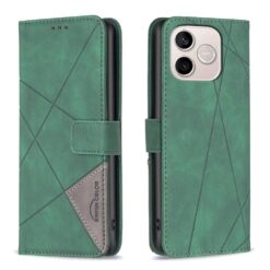 Knížkové pouzdro Rhombus zelené – Honor 600 Lite | Levné Kryty | Levné Kryty Green geometric-pattern wallet-style phone case shown from front and back, with card slot visible on the left and dual-camera cutout on the back (iPhone). | Levné Kryty