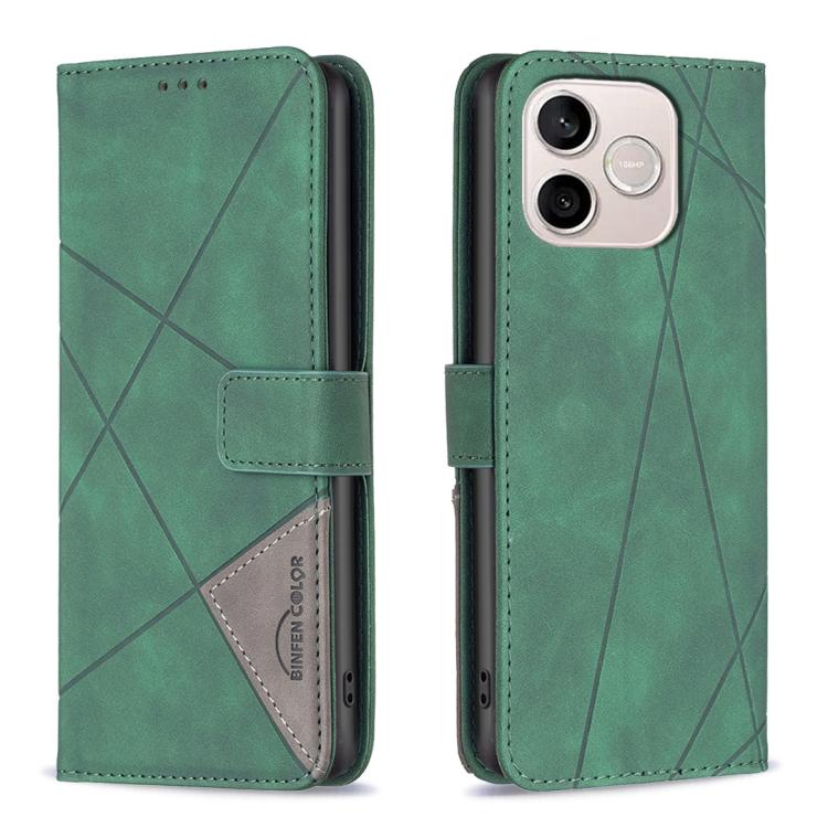 Knížkové pouzdro Rhombus zelené – Honor 600 Lite | Levné Kryty | Levné Kryty Green geometric-pattern wallet-style phone case shown from front and back, with card slot visible on the left and dual-camera cutout on the back (iPhone). | Levné Kryty