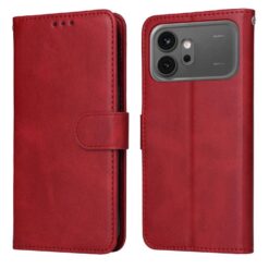 Red leather flip phone case shown from the front and back, with a magnetic clasp; back includes a cutout for a triple‑camera module.
