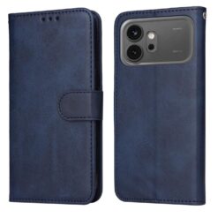 Blue leather folio phone case shown from front and back, featuring a magnetic strap and a camera-cutout on the back.