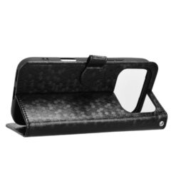 Black textured folio phone case with a built‑in stand, shown propped open from the side, camera cutout on the back edge.