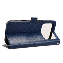 Blue textured folio-style phone case with a foldable stand and built-in mirror on the cover.