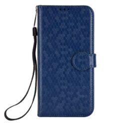 Blue leather-like wallet phone case with magnetic clasp and wrist strap, shown from the front.