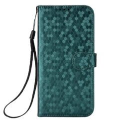 Teal wallet-style phone case with a hexagonal pattern and a black wrist strap attached to the side pocket closure.