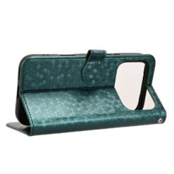 Teal snakeskin-textured folio phone case with stand, opened to show the inner cover and camera cutout on the right side
