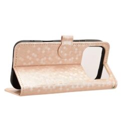 Rose gold phone case with patterned folio that folds into a stand for hands-free viewing. Includes a magnetic tab closure and back mirror cutout, for a smartphone.